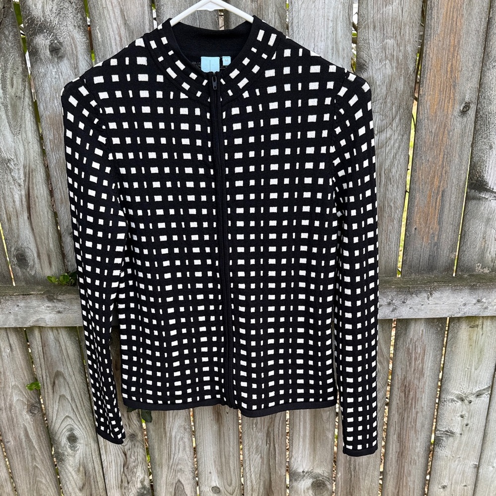 Anthropologie ShuShu Cardigan black white cream geometric full-zip sweater M